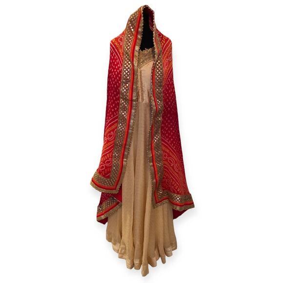 Anarkali Suit With Bandhani Dupatta Royal Neckline Gold Embellishment - Picture 1 of 9